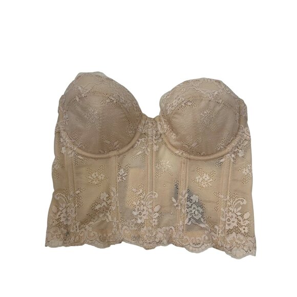 Dominique Womens Lace Longline Strapless Bra Bustier 32C Beige Adj Back Closure - Picture 1 of 11